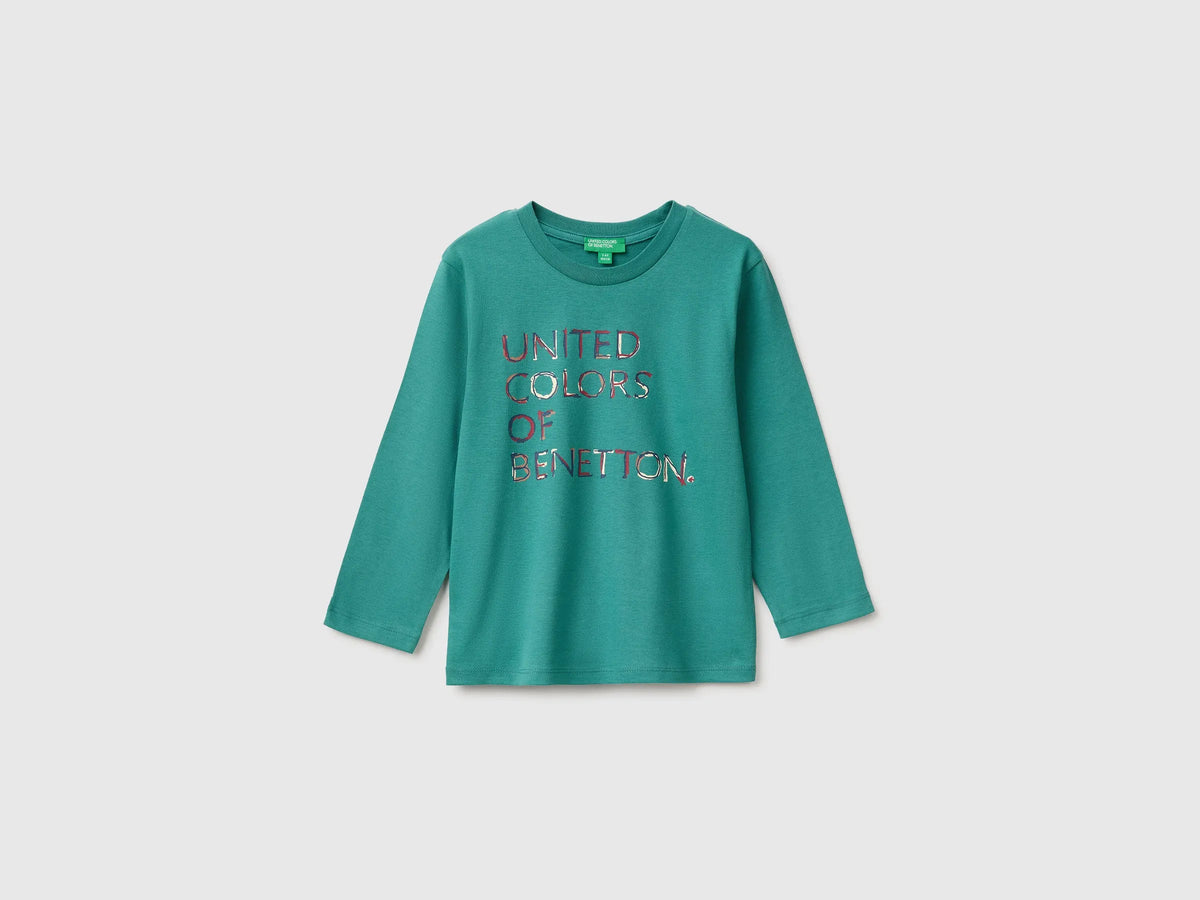 Benetton Dark Green Boys Long-Sleeved T-Shirt with Print SKU: 3ATNG10NK_285 Image 01