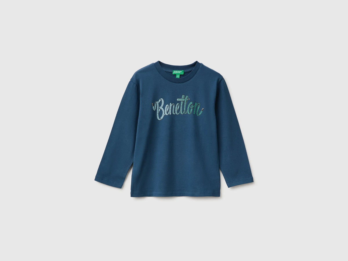 Benetton Dark Blue Boys Long-Sleeved T-Shirt with Print SKU: 3ATNG10NK_37T Image 01