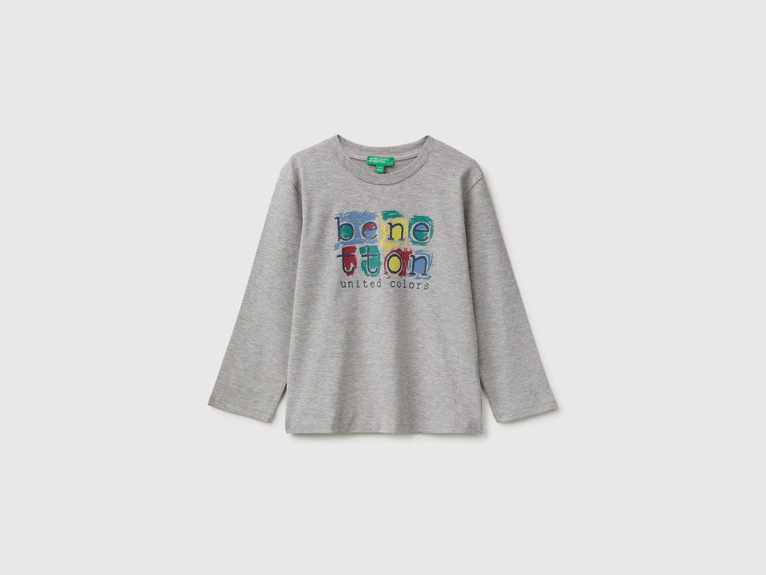 Benetton Light Gray Boys Long-Sleeved T-Shirt with Print SKU: 3ATNG10NK_501 Image 01
