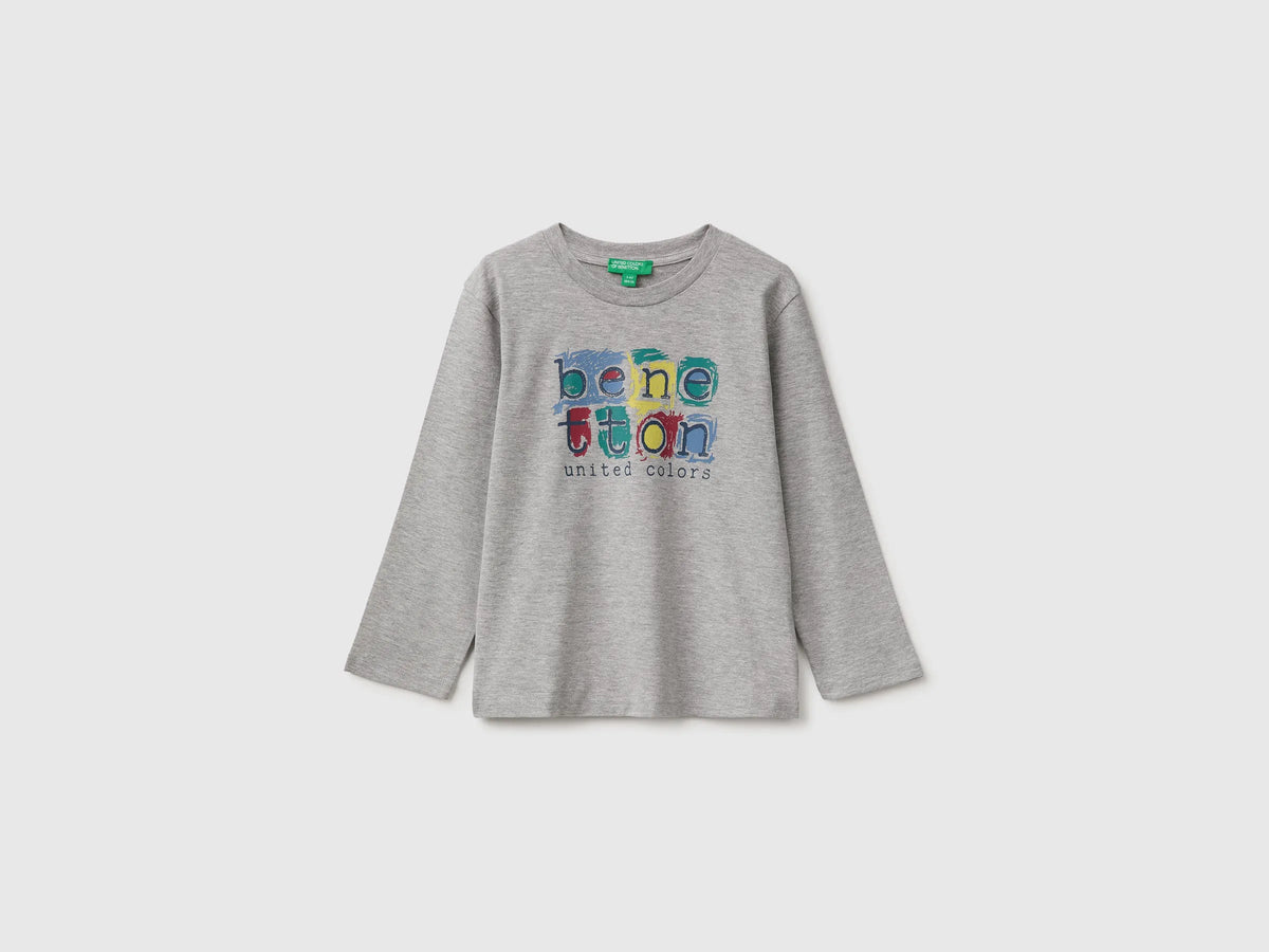 Benetton Light Gray Boys Long-Sleeved T-Shirt with Print SKU: 3ATNG10NK_501 Image 01