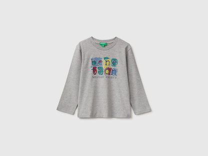 Benetton Light Gray Boys Long-Sleeved T-Shirt with Print SKU: 3ATNG10NK_501 Image 01