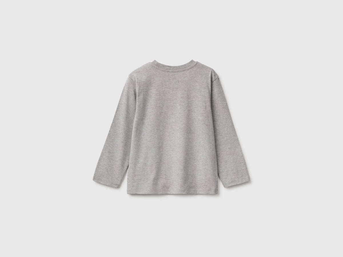 Benetton Light Gray Boys Long-Sleeved T-Shirt with Print SKU: 3ATNG10NK_501 Image 02