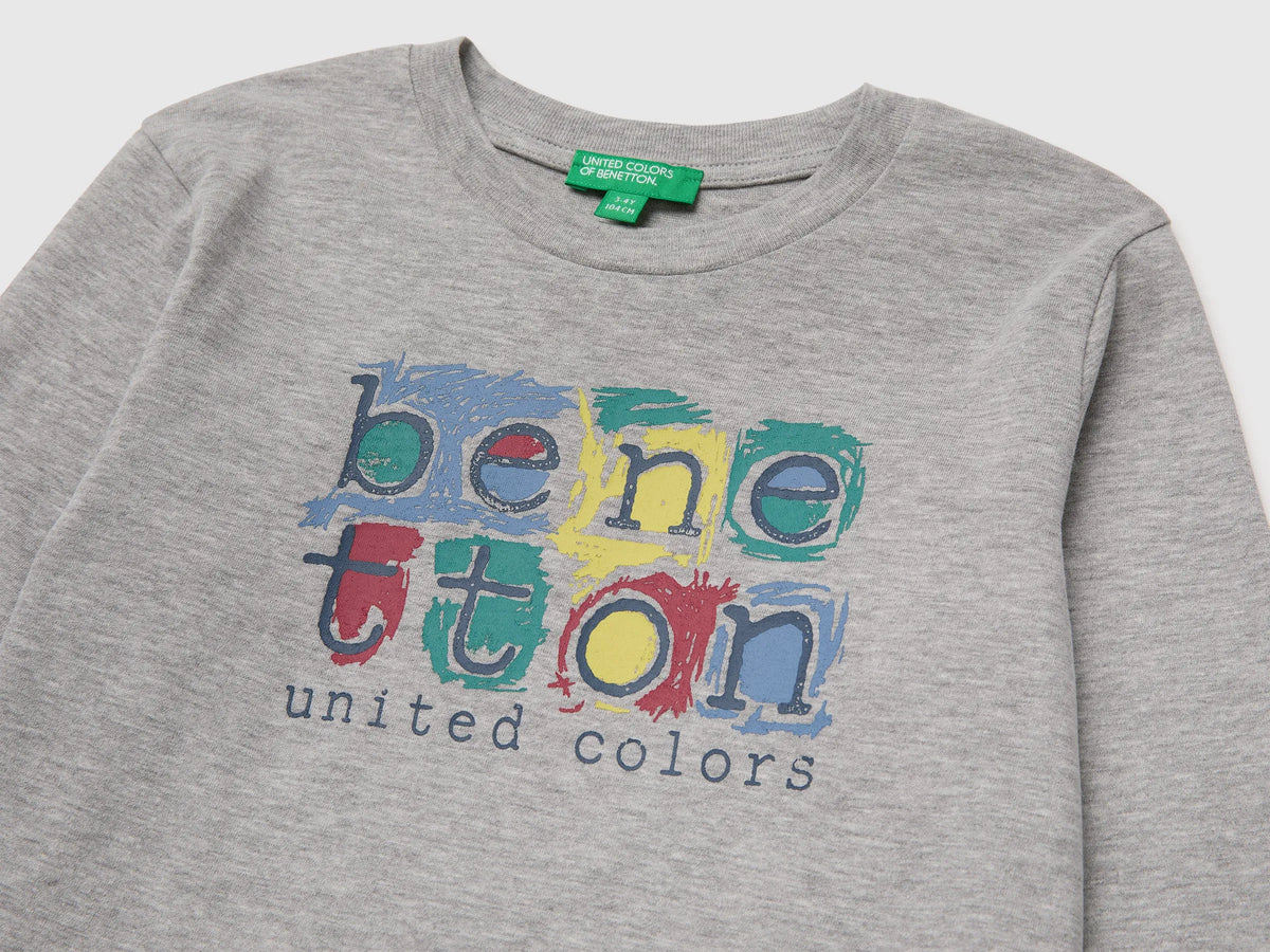 Benetton Light Gray Boys Long-Sleeved T-Shirt with Print SKU: 3ATNG10NK_501 Image 03