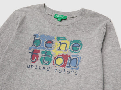 Benetton Light Gray Boys Long-Sleeved T-Shirt with Print SKU: 3ATNG10NK_501 Image 03
