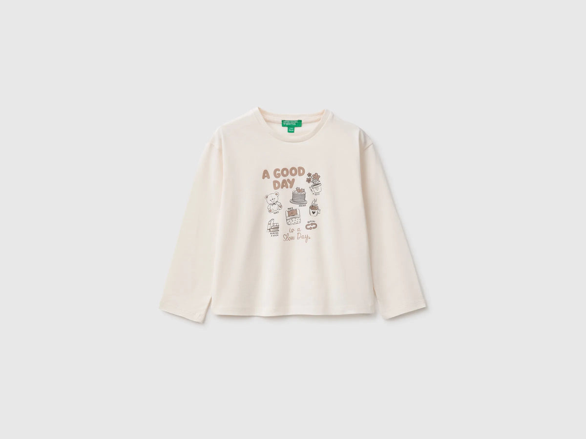Benetton Creamy White Girls 100% Organic Cotton T-Shirt with Print SKU: 3ATNG10NN_0R2 Image 01