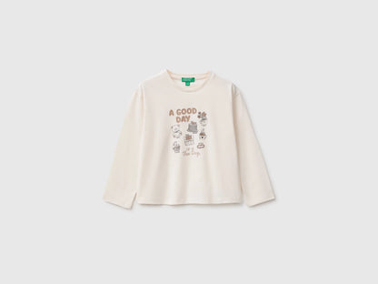 Benetton Creamy White Girls 100% Organic Cotton T-Shirt with Print SKU: 3ATNG10NN_0R2 Image 01