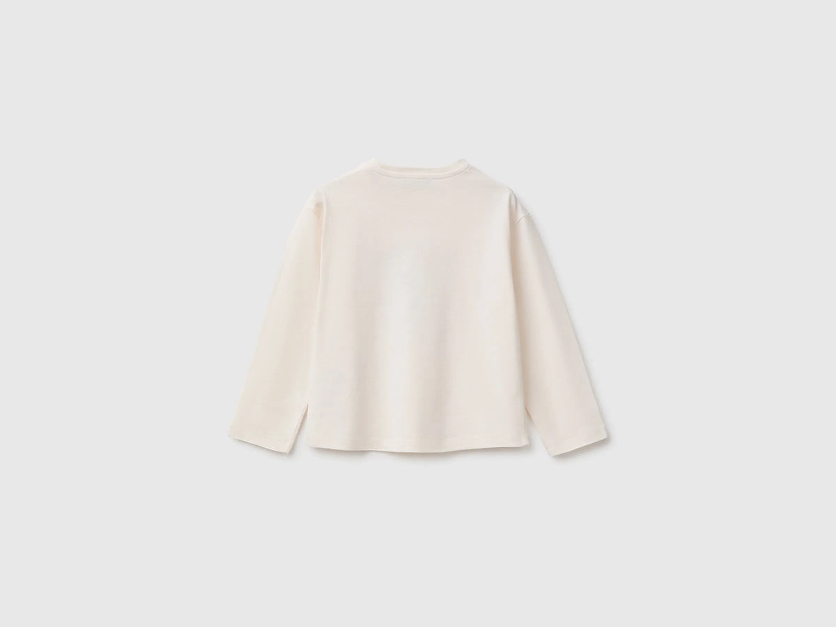 Benetton Creamy White Girls 100% Organic Cotton T-Shirt with Print SKU: 3ATNG10NN_0R2 Image 02