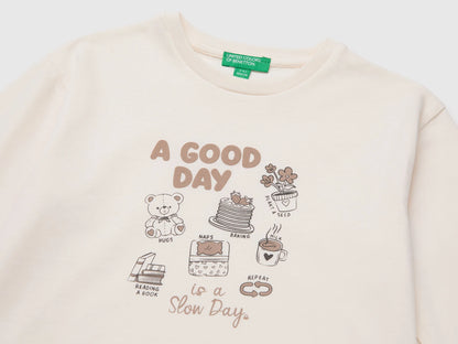 Benetton Creamy White Girls 100% Organic Cotton T-Shirt with Print SKU: 3ATNG10NN_0R2 Image 03