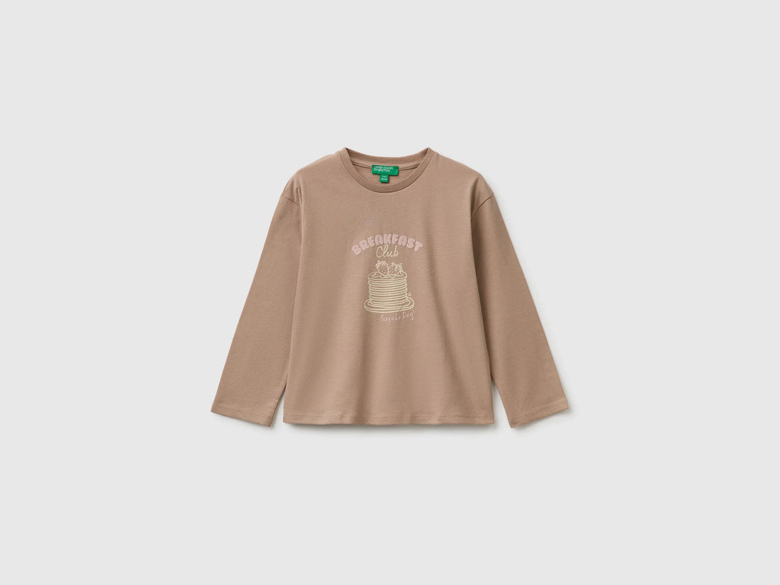 Benetton Dove Gray Girls 100% Organic Cotton T-Shirt with Print SKU: 3ATNG10NN_199 Image 01