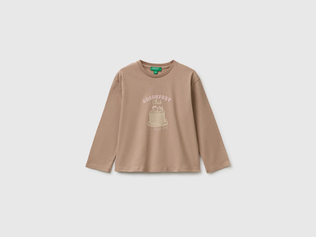 Benetton Dove Gray Girls 100% Organic Cotton T-Shirt with Print SKU: 3ATNG10NN_199 Image 01