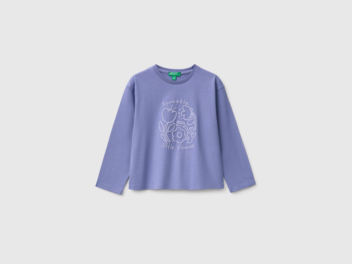 Benetton Violet Girls 100% Organic Cotton T-Shirt with Print SKU: 3ATNG10NN_19J Image 01