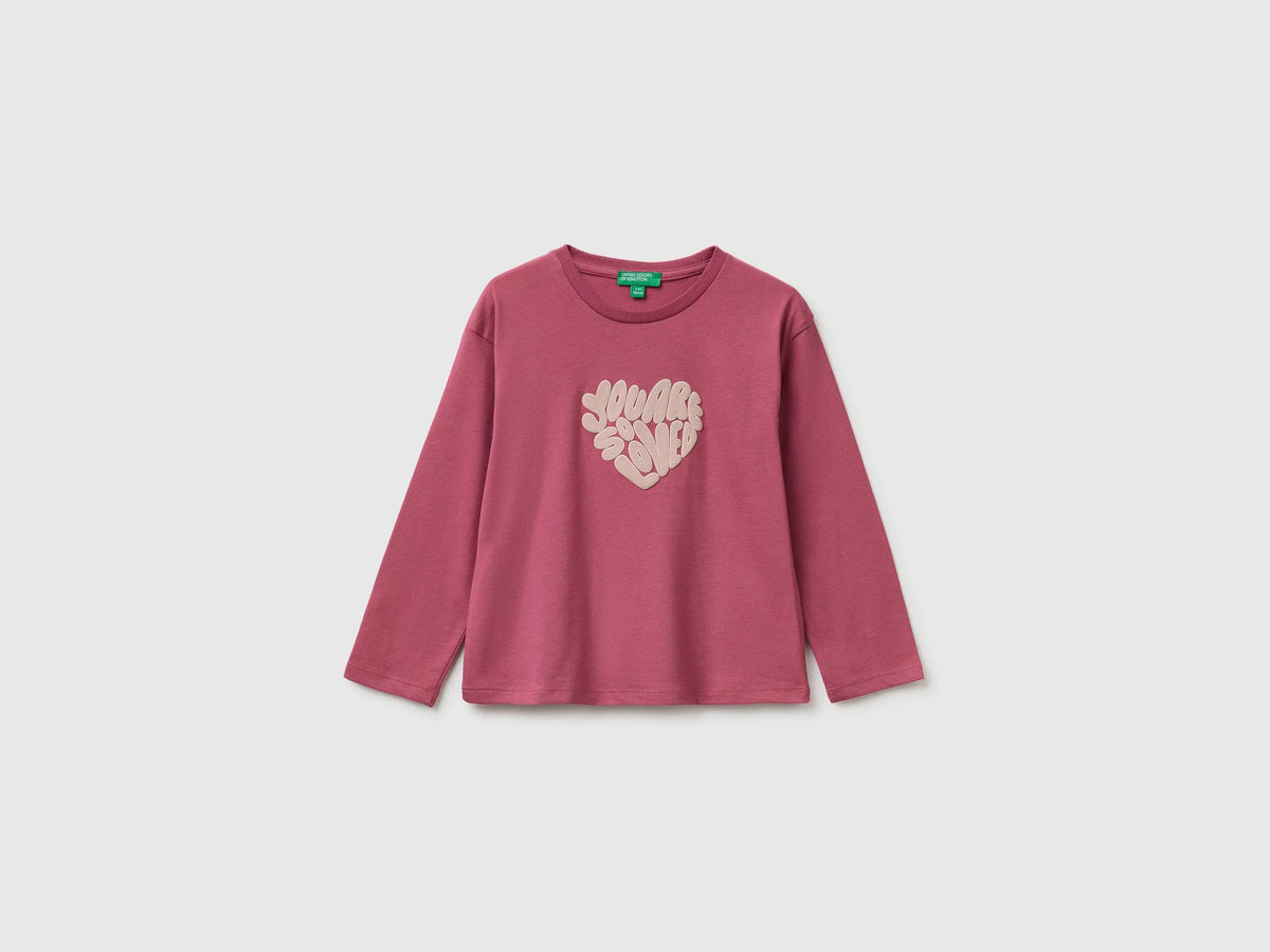 Benetton Fuchsia Girls 100% Organic Cotton T-Shirt with Print SKU: 3ATNG10NN_2J4 Image 01
