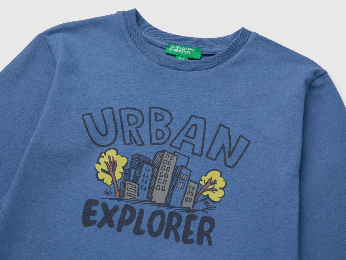 Benetton Blue Boys 100% Organic Cotton T-Shirt with Print SKU: 3ATNG10NP_0G6 Image 03
