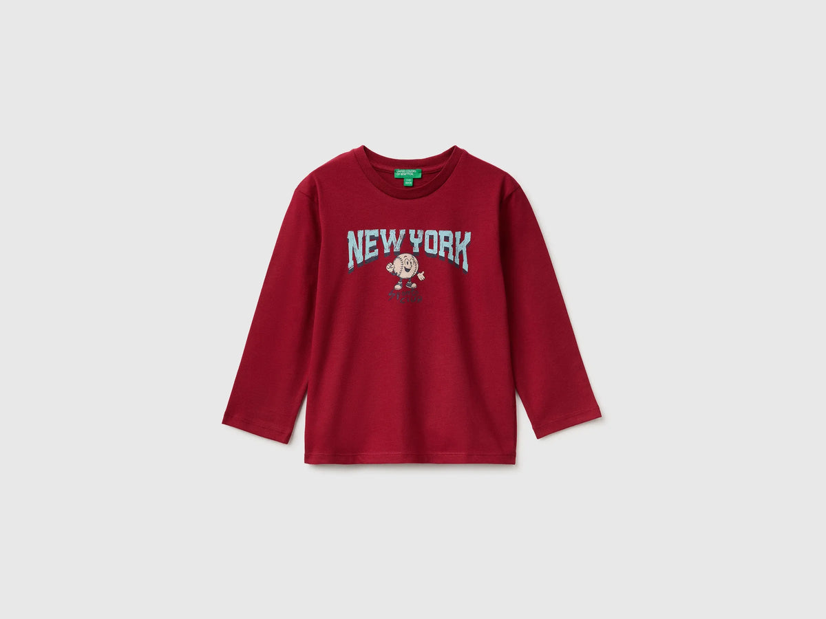 Benetton Burgundy Boys 100% Organic Cotton T-Shirt with Print SKU: 3ATNG10NP_21C Image 01