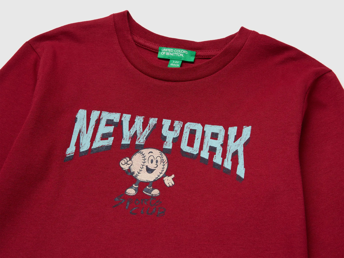 Benetton Burgundy Boys 100% Organic Cotton T-Shirt with Print SKU: 3ATNG10NP_21C Image 03