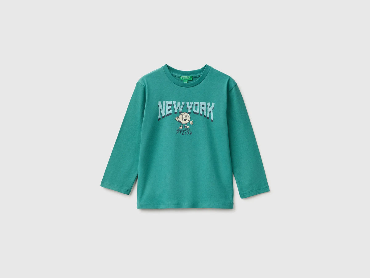 Benetton Dark Green Boys 100% Organic Cotton T-Shirt with Print SKU: 3ATNG10NP_285 Image 01