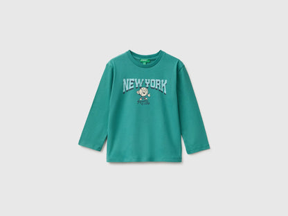 Benetton Dark Green Boys 100% Organic Cotton T-Shirt with Print SKU: 3ATNG10NP_285 Image 01