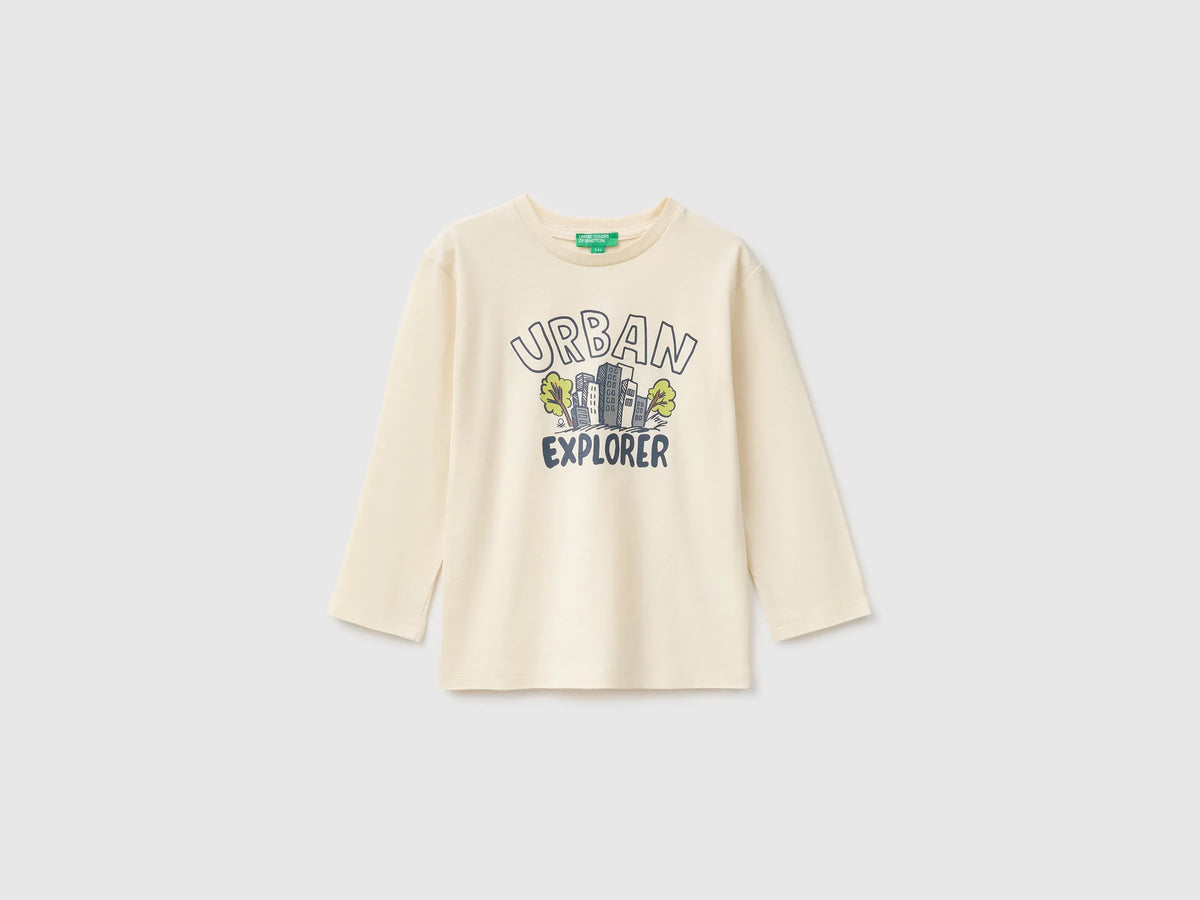 Benetton Creamy White Boys 100% Organic Cotton T-Shirt with Print SKU: 3ATNG10NP_3C9 Image 01