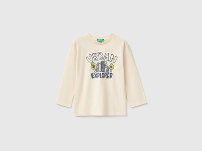 Benetton Creamy White Boys 100% Organic Cotton T-Shirt with Print SKU: 3ATNG10NP_3C9 Image 01