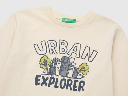 Benetton Creamy White Boys 100% Organic Cotton T-Shirt with Print SKU: 3ATNG10NP_3C9 Image 03