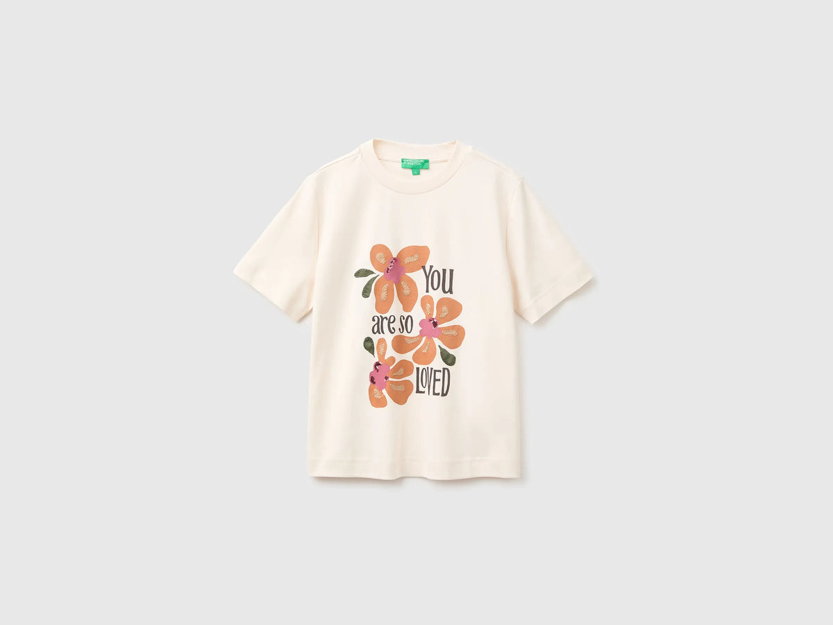 Benetton Creamy White Women Boxy Fit T-Shirt with Embroidery and Sequins SKU: 3DCJD10DI_27H Image 01