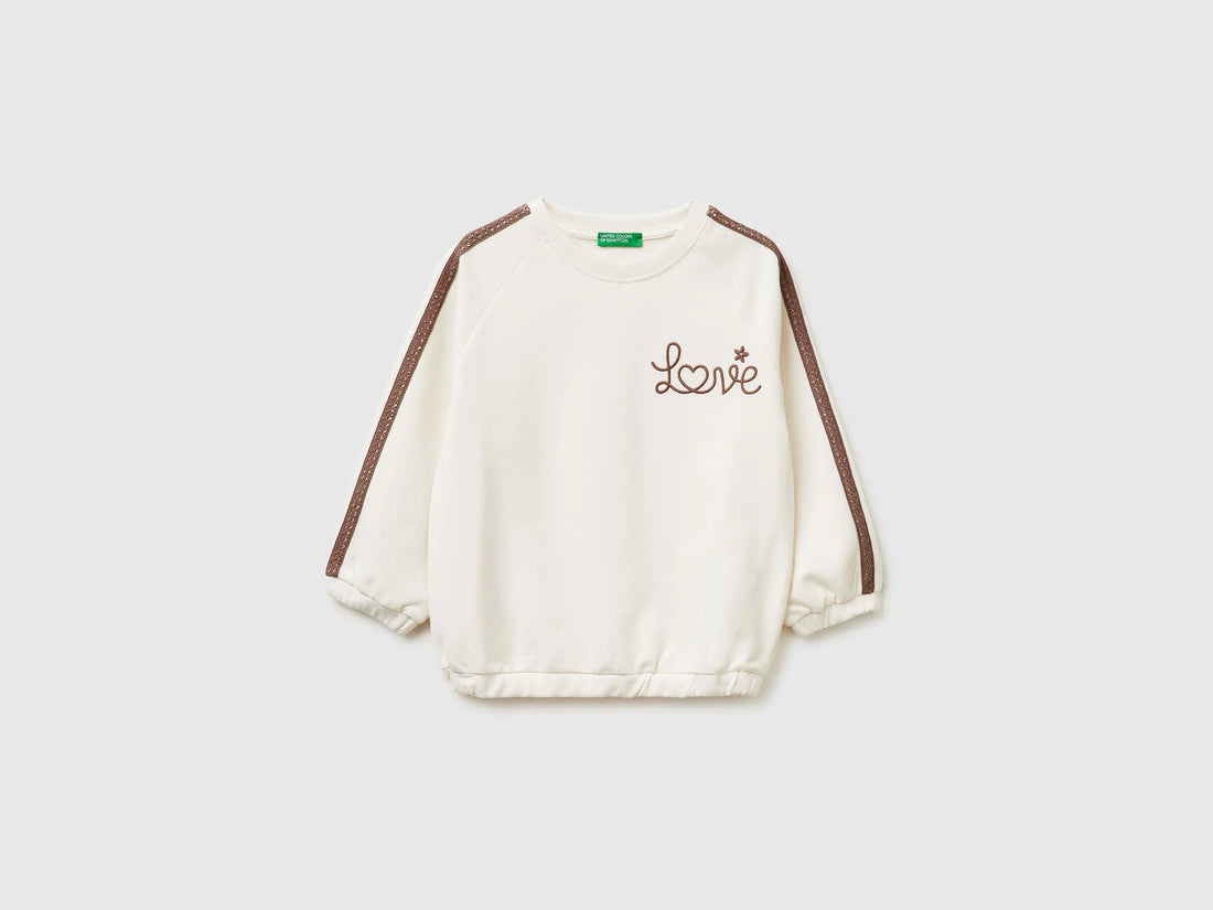 Benetton Creamy White Girls Sweatshirt with Lace and Embroidery SKU: 3F9VG10M2_00E Image 01