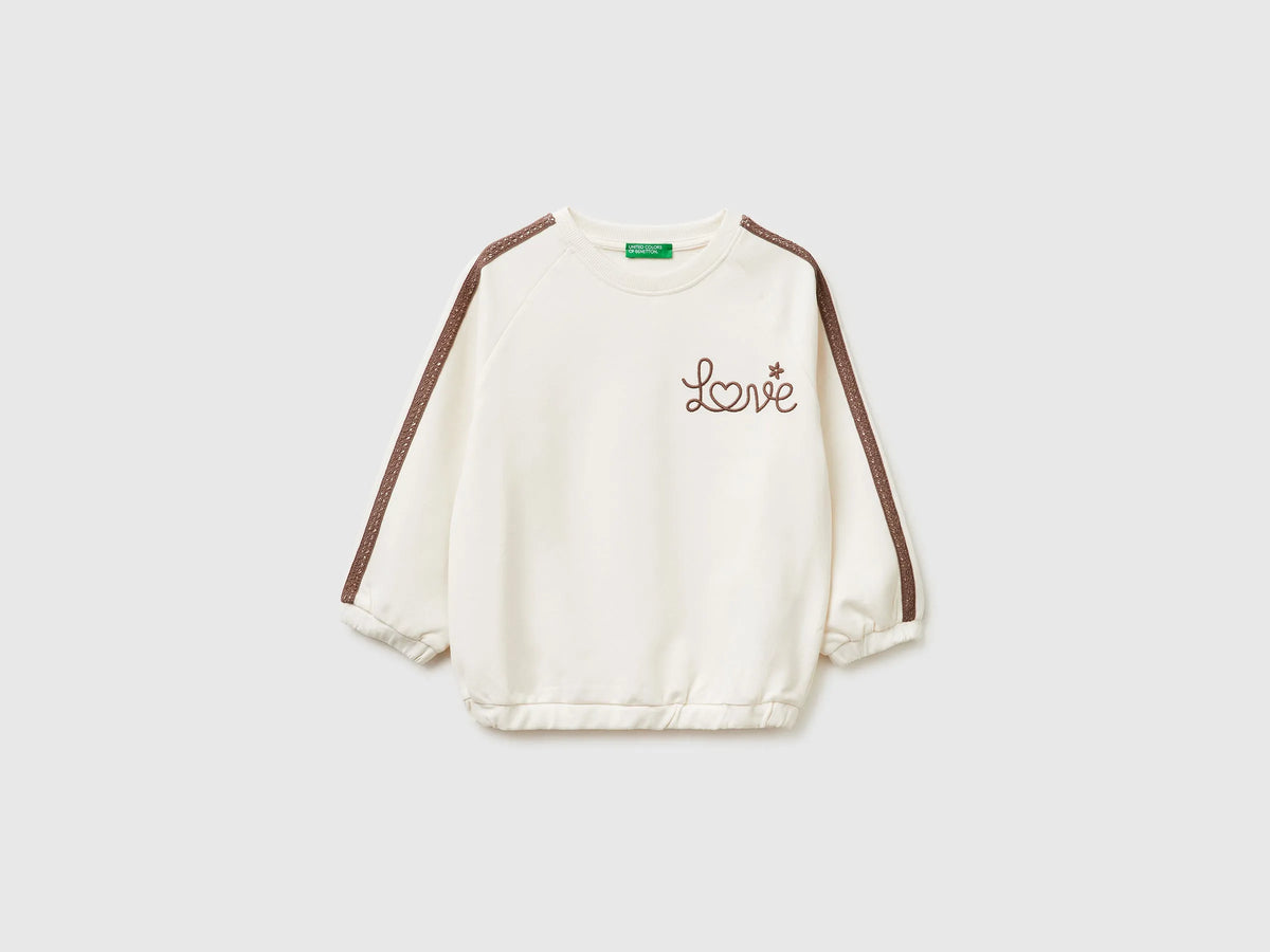 Benetton Creamy White Girls Sweatshirt with Lace and Embroidery SKU: 3F9VG10M2_00E Image 01