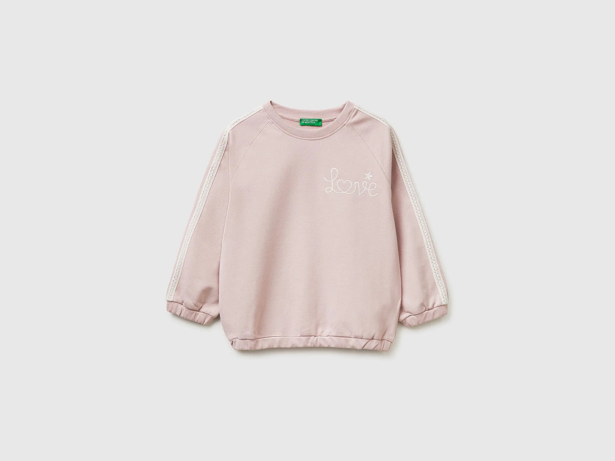 Benetton Pink Girls Sweatshirt with Lace and Embroidery SKU: 3F9VG10M2_0C3 Image 01