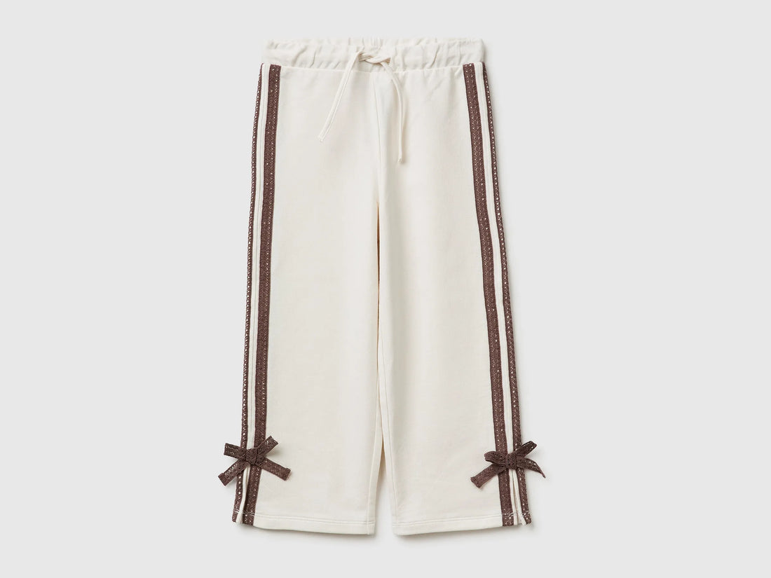 Benetton Creamy White Girls Pants with Lace and Bows SKU: 3F9VGF05C_00E Image 01
