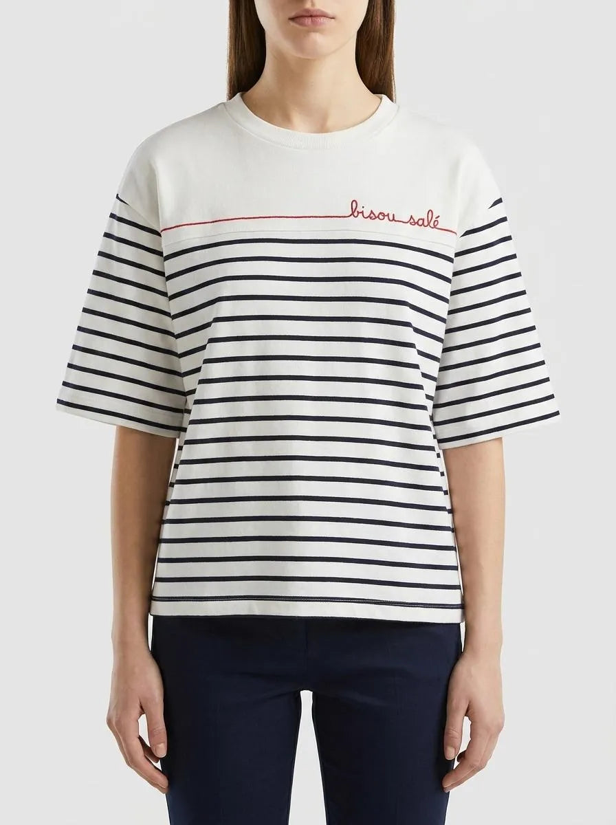 Benetton Dark Blue Women Sailor Striped T-Shirt with Embroidery SKU: 3FLCD10C8_901 Image 00