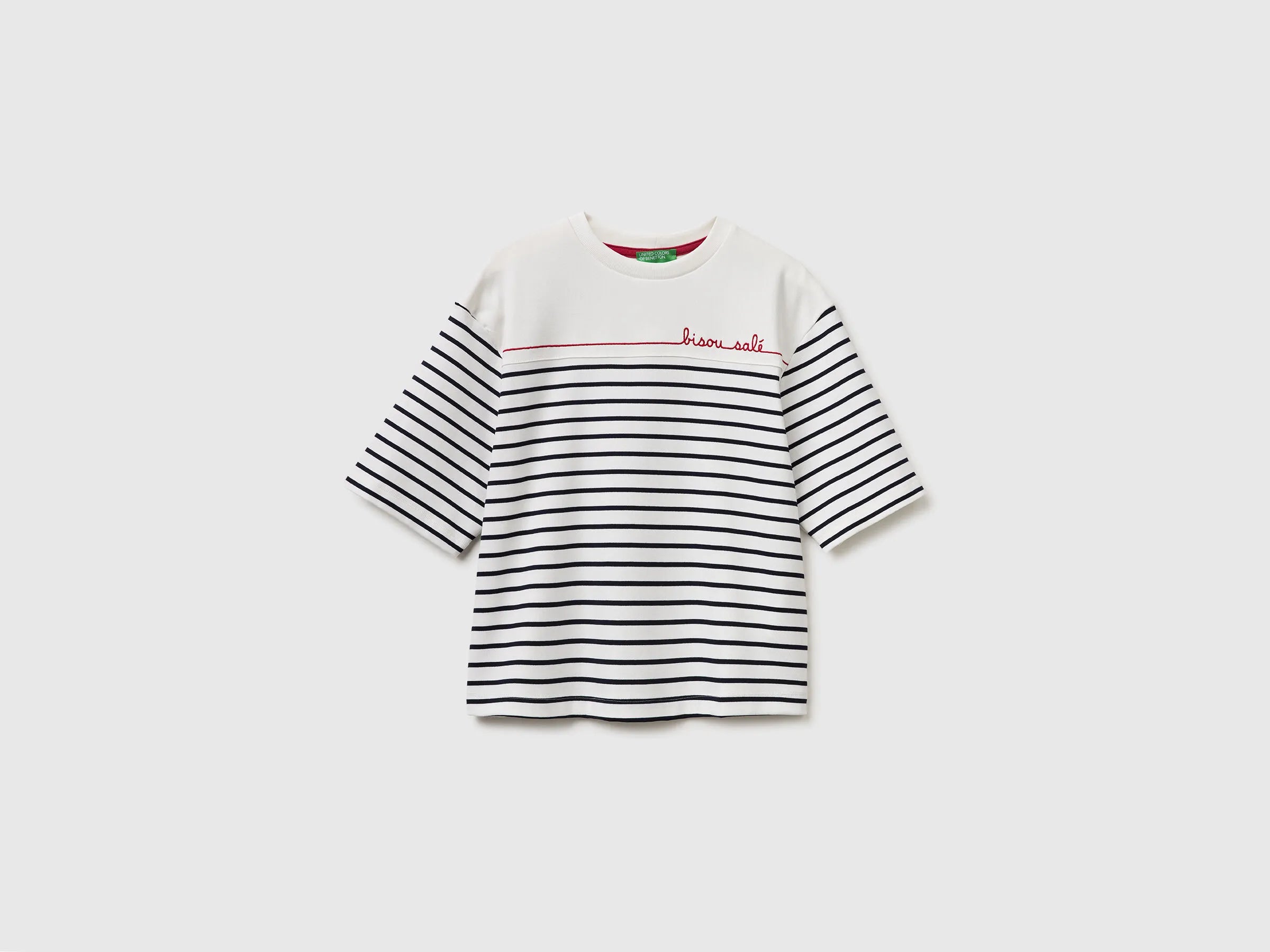 Benetton Dark Blue Women Sailor Striped T-Shirt with Embroidery SKU: 3FLCD10C8_901 Image 01