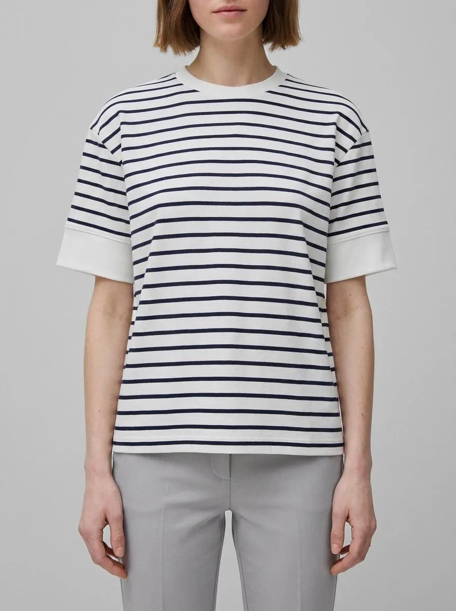Benetton Dark Blue Women Striped Short-Sleeved T-Shirt SKU: 3FLCD10CG_901 Image 00