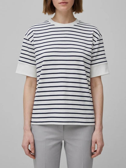 Benetton Dark Blue Women Striped Short-Sleeved T-Shirt SKU: 3FLCD10CG_901 Image 00