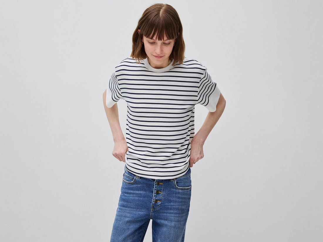 Benetton Dark Blue Women Striped Short-Sleeved T-Shirt SKU: 3FLCD10CG_901 Image 01