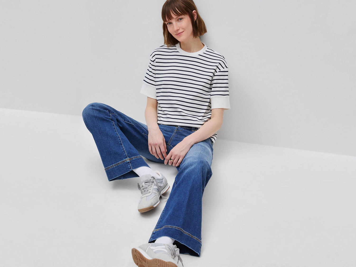 Benetton Dark Blue Women Striped Short-Sleeved T-Shirt SKU: 3FLCD10CG_901 Image 03