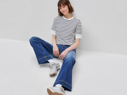 Benetton Dark Blue Women Striped Short-Sleeved T-Shirt SKU: 3FLCD10CG_901 Image 03