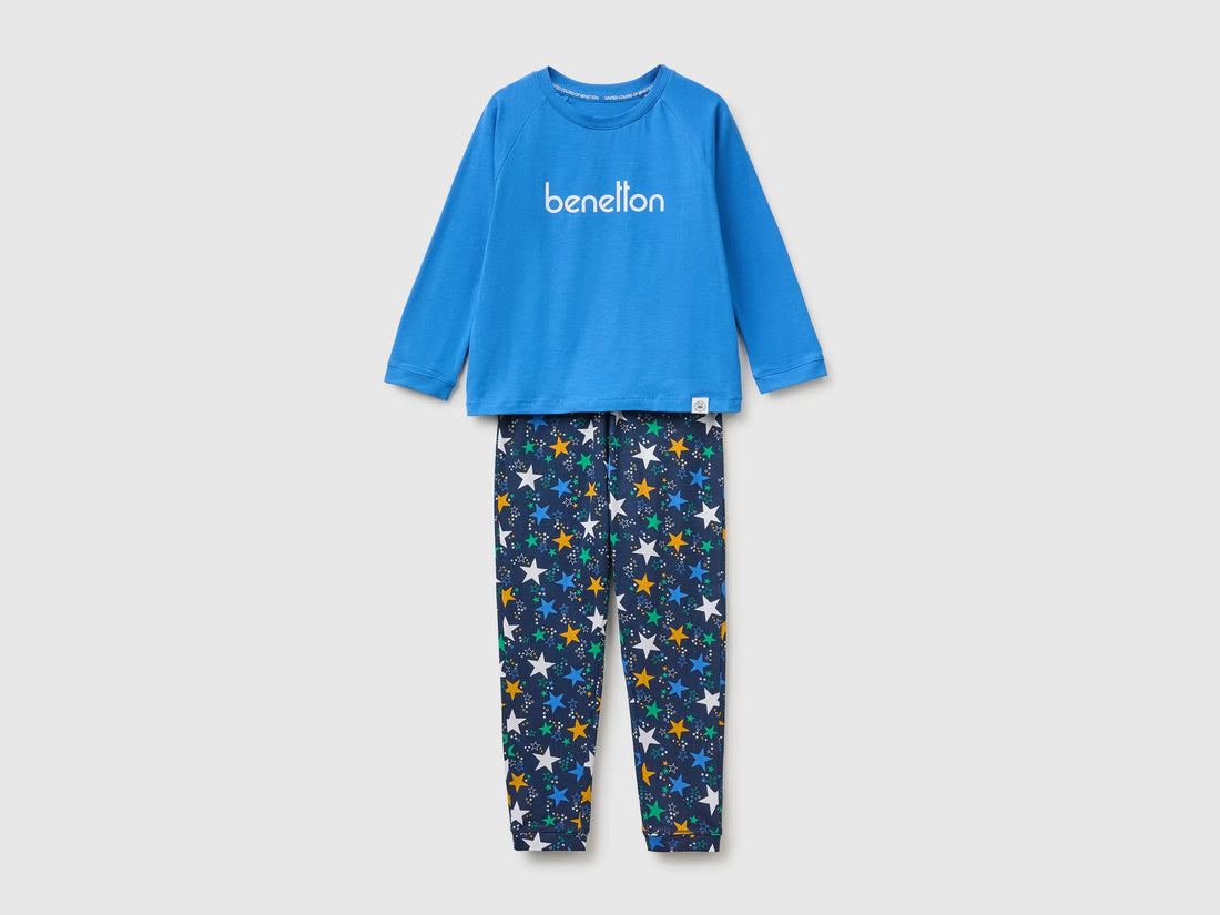 Benetton Air Force Blue Boys Pyjamas with Logo And Patterned Trousers SKU: 3G680P0A6_901 Image 01