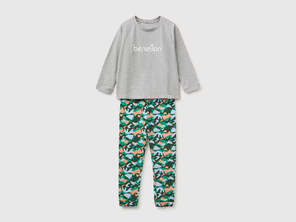 Benetton Gray Boys Pyjamas with Logo And Patterned Trousers SKU: 3G680P0A6_902 Image 01