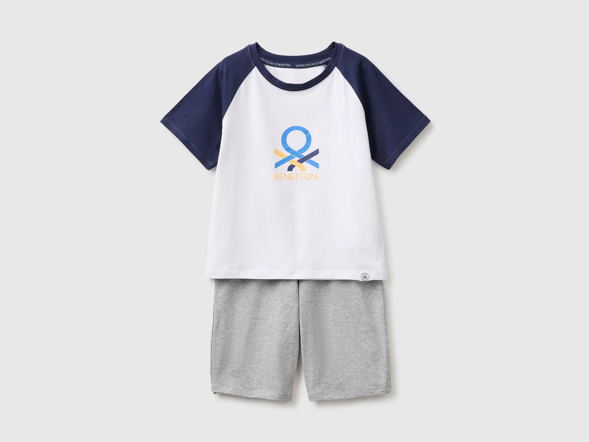 Benetton Dark Blue Boys Short Cotton Pyjamas with Logo Print SKU: 3G680P0A7_901 Image 01