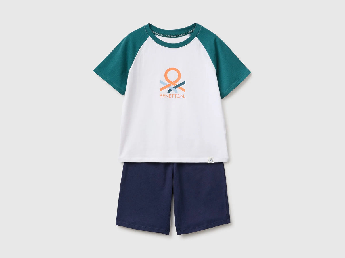 Benetton Dark Green Boys Short Cotton Pyjamas with Logo Print SKU: 3G680P0A7_902 Image 01