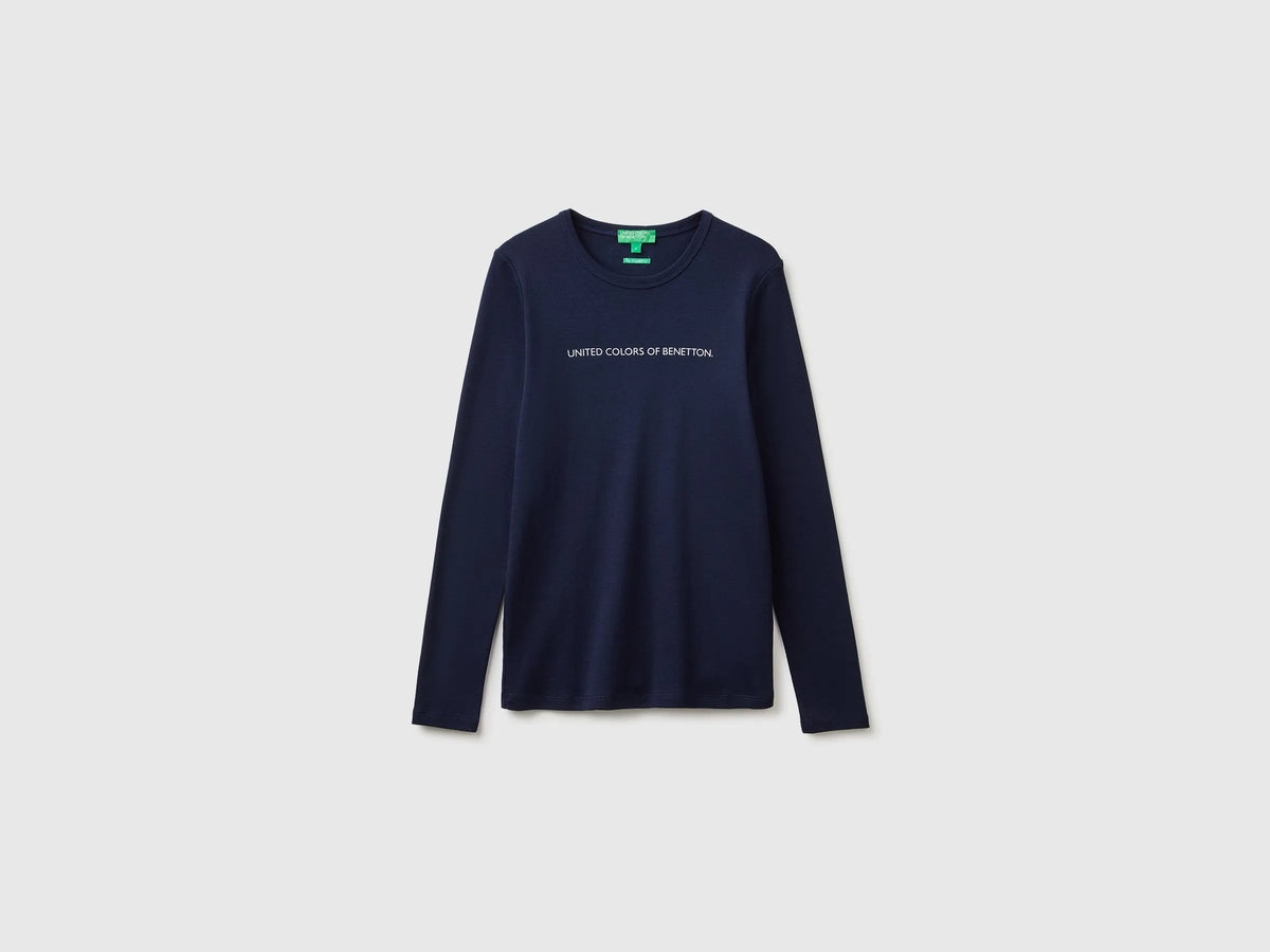 Benetton Dark Blue Women Long Sleeve T-Shirt with Glitter Logo SKU: 3GA8E16G0_016 Image 01