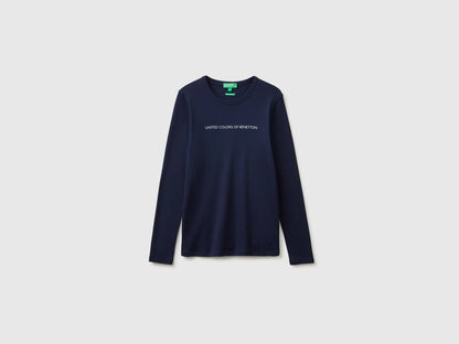 Benetton Dark Blue Women Long Sleeve T-Shirt with Glitter Logo SKU: 3GA8E16G0_016 Image 01