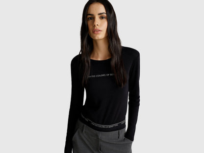 Benetton Black Women Long Sleeve T-Shirt with Glitter Logo SKU: 3GA8E16G0_100 Image 01