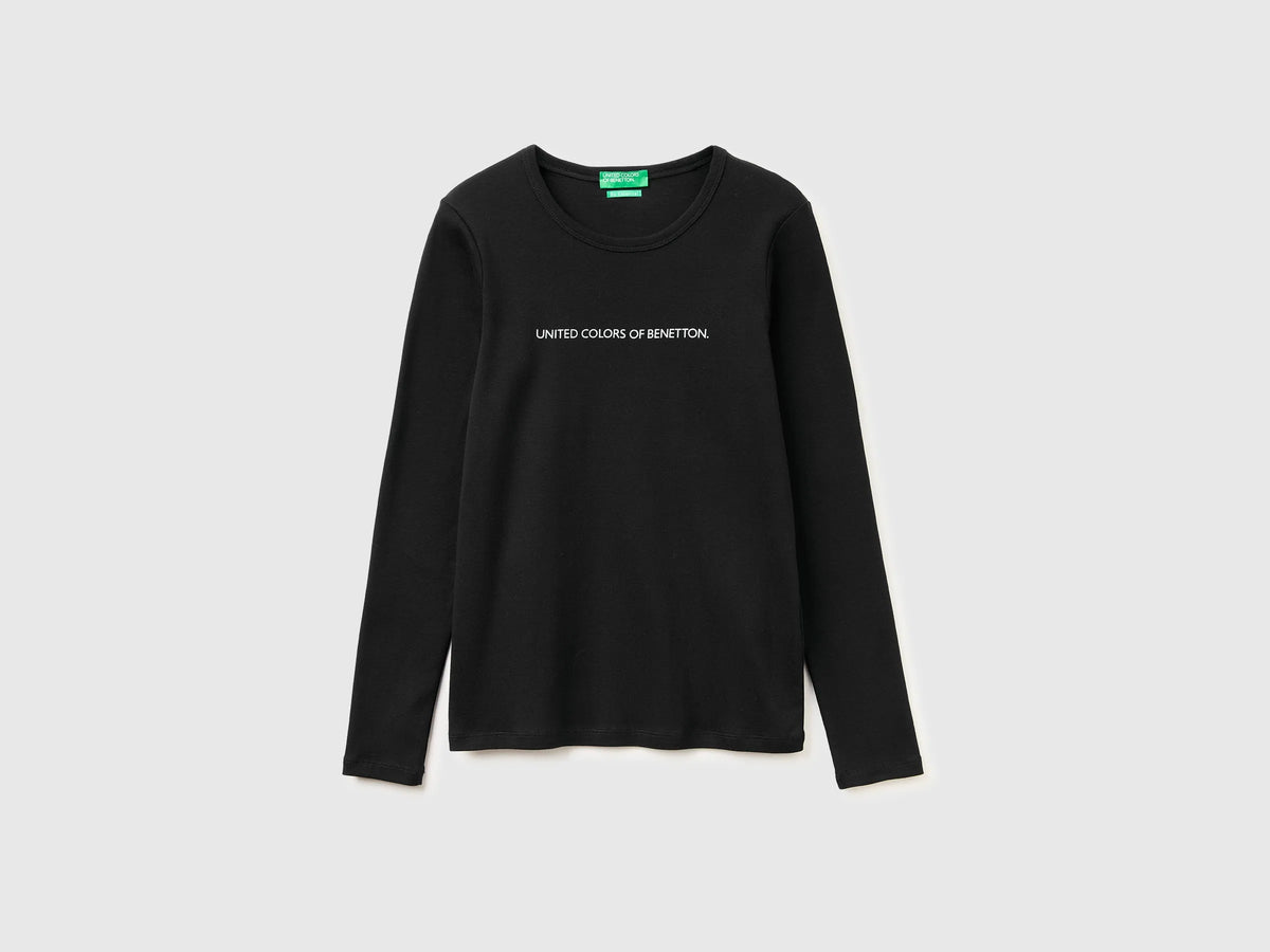 Benetton Black Women Long Sleeve T-Shirt with Glitter Logo SKU: 3GA8E16G0_100 Image 03