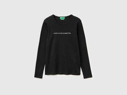 Benetton Black Women Long Sleeve T-Shirt with Glitter Logo SKU: 3GA8E16G0_100 Image 03