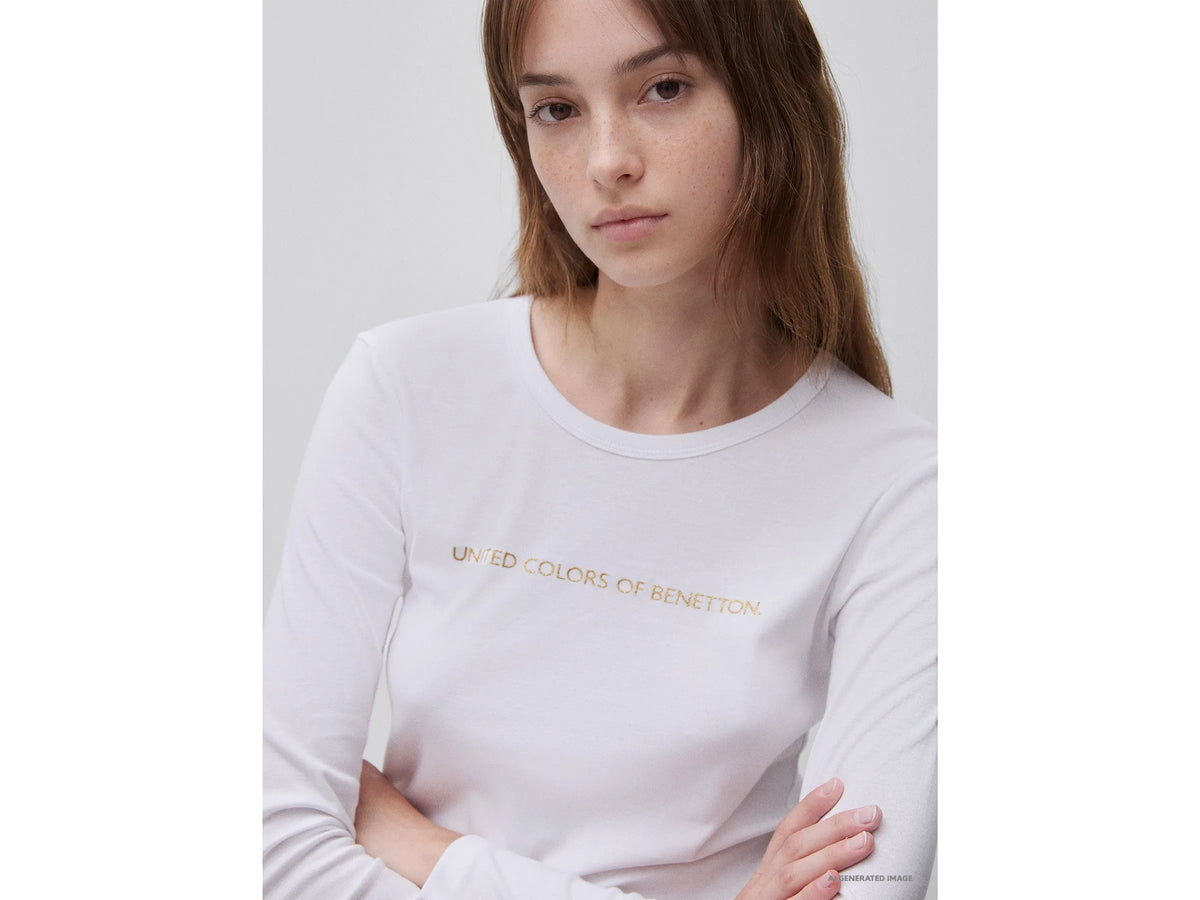 Benetton White Women Long Sleeve T-Shirt with Glitter Logo SKU: 3GA8E16G0_101 Image 04