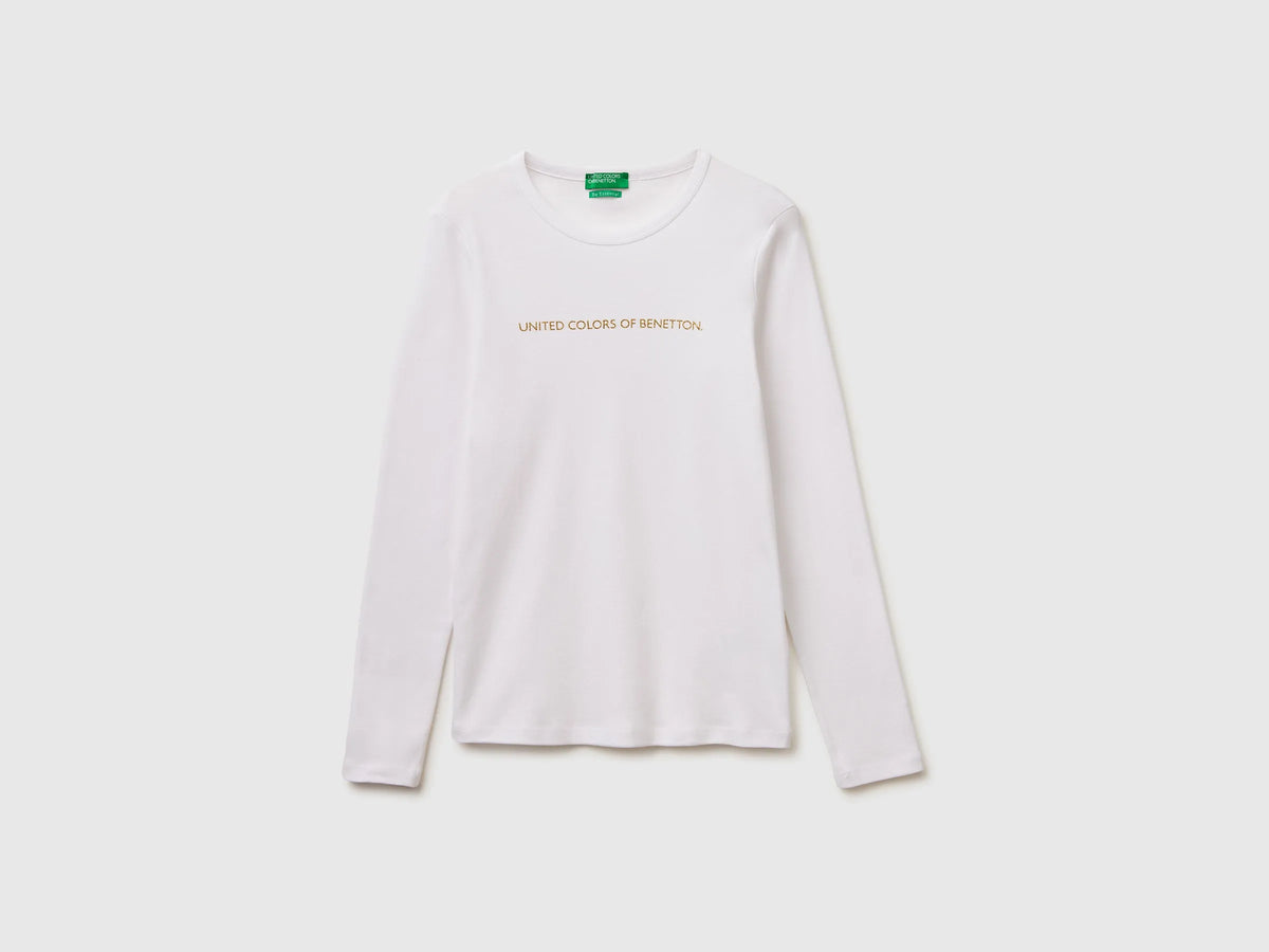 Benetton White Women Long Sleeve T-Shirt with Glitter Logo SKU: 3GA8E16G0_101 Image 05