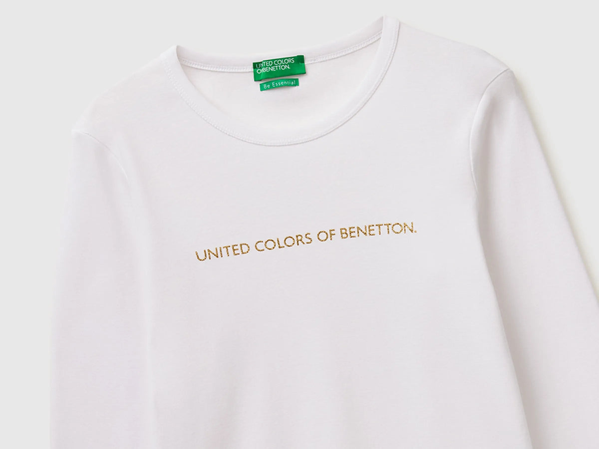Benetton White Women Long Sleeve T-Shirt with Glitter Logo SKU: 3GA8E16G0_101 Image 07