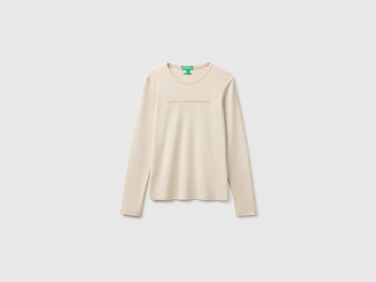 Benetton Beige Women Long Sleeve T-Shirt with Glitter Logo SKU: 3GA8E16G0_152 Image 01