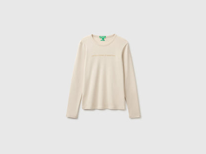 Benetton Beige Women Long Sleeve T-Shirt with Glitter Logo SKU: 3GA8E16G0_152 Image 01